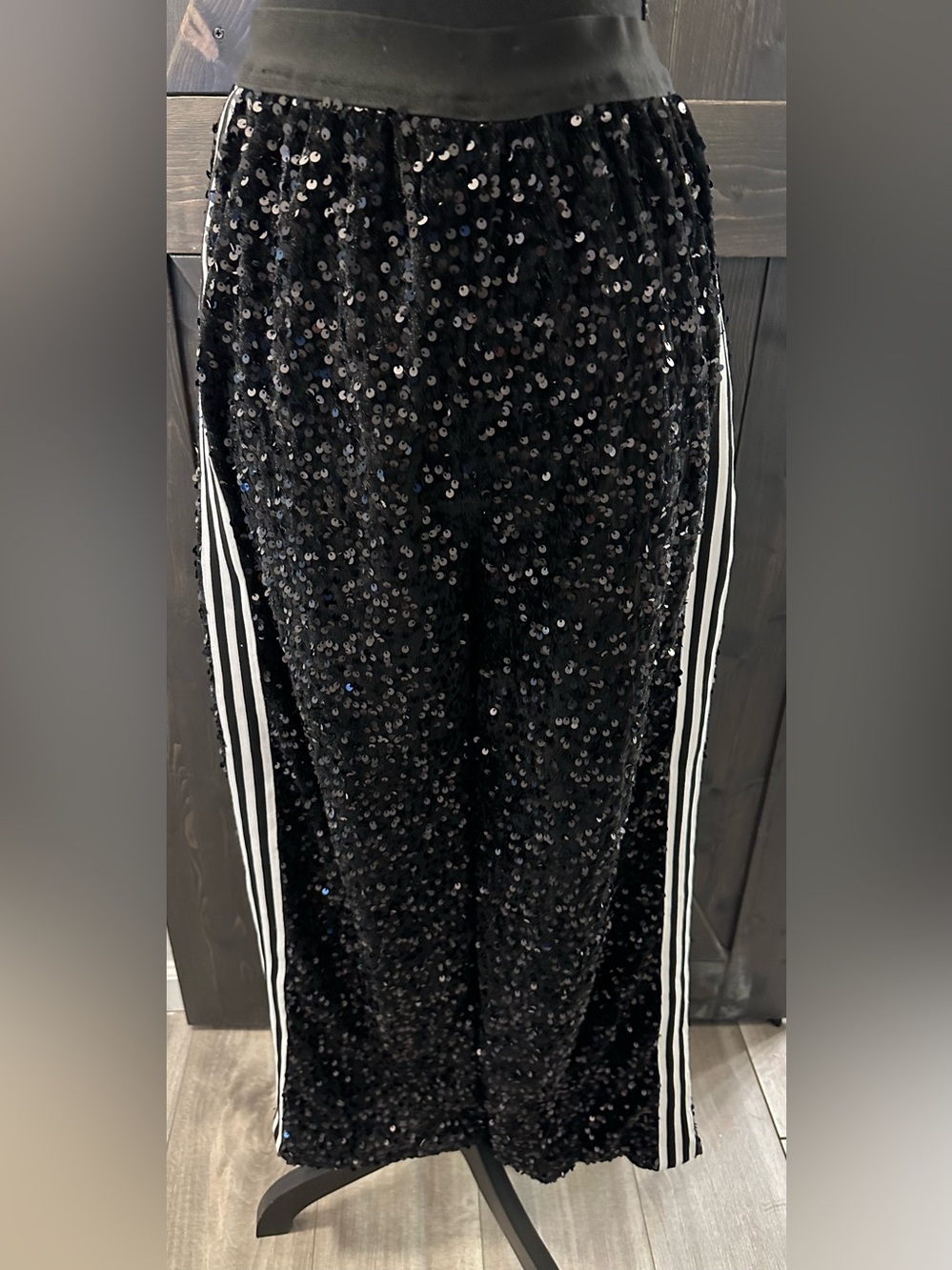 Black Sequin Track Jogging Pants with Side Stripes